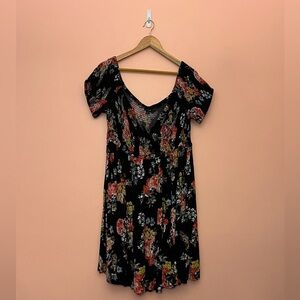 Torrid Size 2 Black Floral Mini Challis Off-Shoulder Surplice Skater Dress